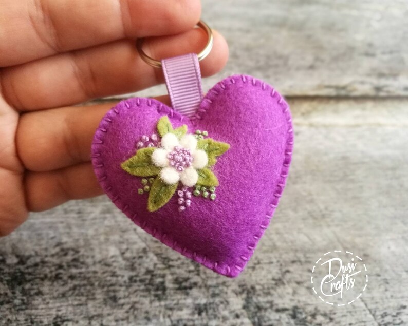 Wool Felt Heart Keychain With Embroidered Flowers Moving Etsy