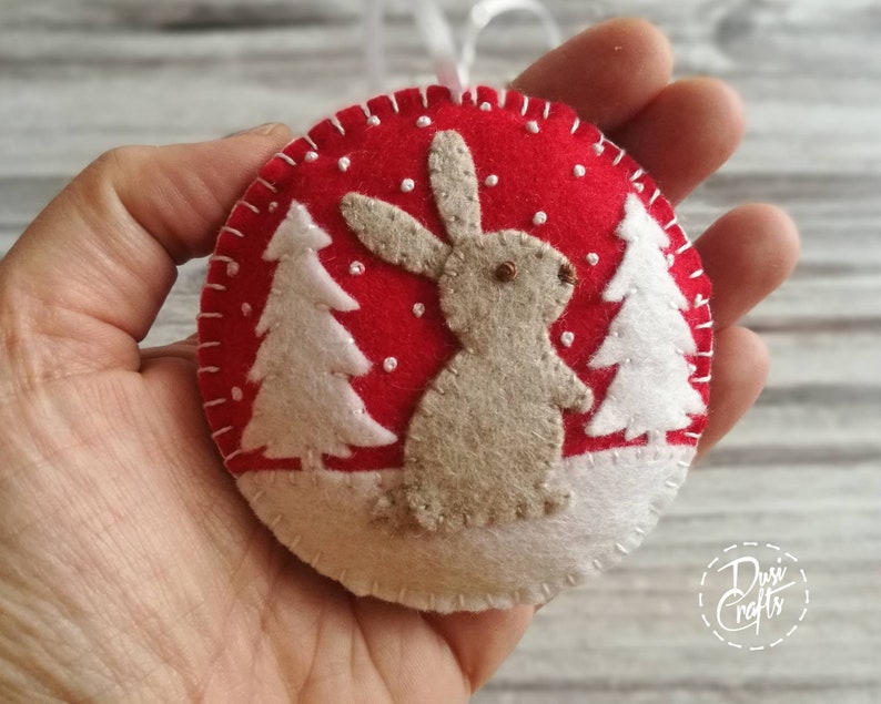 Wool Felt Christmas Bunny ornament, Rabbit ornament with / possible personalization on the back Red / beige bunny