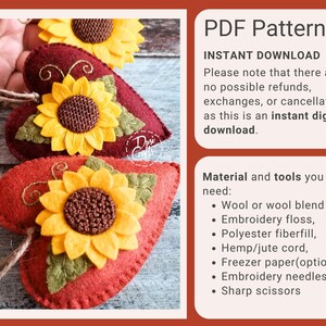 PDF Pattern for Felt Sunflower Heart ornaments, Hand Sewing Tutorial/ DIGITAL Instant Download / Includes video instructions image 4