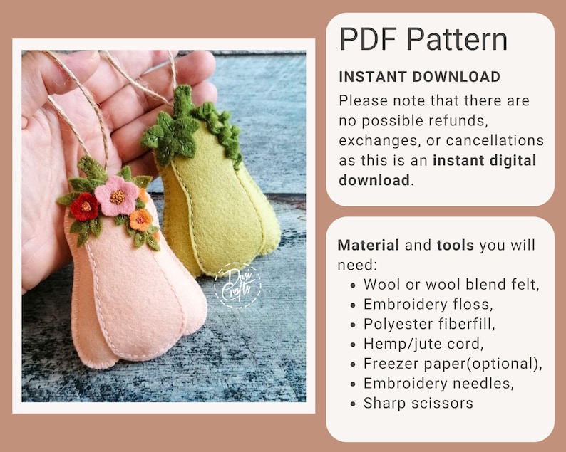 Felt Pumpkin ornaments PDF Tutorial & Pattern for Hand Sewing / Swirls and Flowers / DIGITAL Instant Download image 4