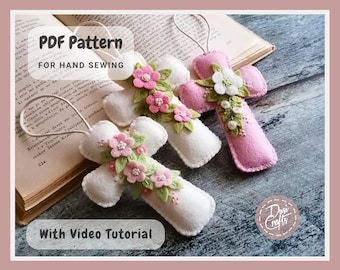 Floral cross ornament with flowers, PDF Tutorial & Pattern for Hand Sewing / DIGITAL Instant Download