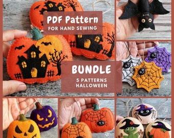 BUNDLE Halloween Felt Pumpkin ornaments PDF Tutorial & Pattern for Hand Sewing / Haunted House, Spider Web, Bat, Frog / DIGITAL Download