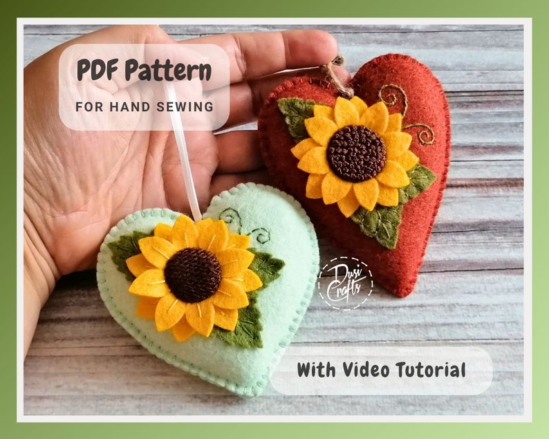 PDF Pattern for Felt Sunflower Heart ornaments, Hand Sewing Tutorial/ DIGITAL Instant Download / Includes video instructions image 5
