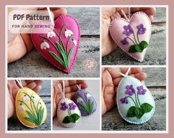 Adornos de corazón y huevo de fieltro con violetas y campanillas de invierno, Tutorial en PDF y patrón para coser a mano / Descarga instantánea DIGITAL