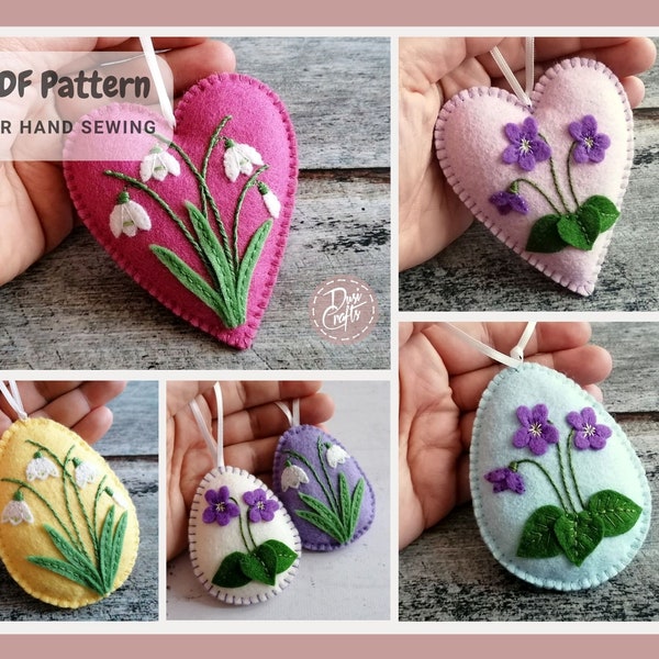 Felt Heart and Egg ornaments with Violets and Snowdrops, PDF Tutorial & Pattern for Hand Sewing / DIGITAL Instant Download