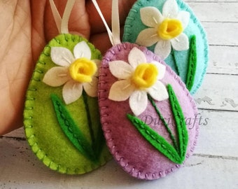 Felt Easter decorations, Set of felt eggs with daffodil flower, Easter flower eggs, Easter ornaments, Spring decor / MADE TO ORDER