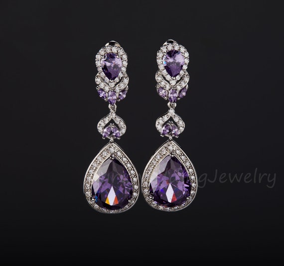 Purple Zircon Bridal earrings Bridal post earrings Wedding | Etsy