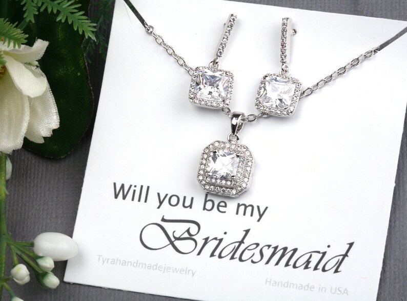 Bridal Earrings Square Cubic Zirconia Earrings,crystal CZ set,bridesmaid earrings,Cubic zirconia earrings,Bridesmaid card with earrings