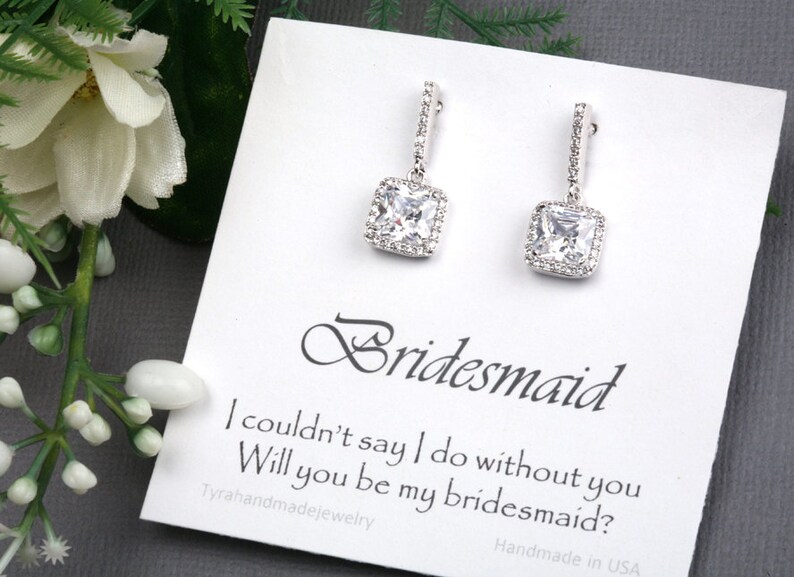 Bridal Earrings Square Cubic Zirconia Earrings,crystal CZ set,bridesmaid earrings,Cubic zirconia earrings,Bridesmaid card with earrings