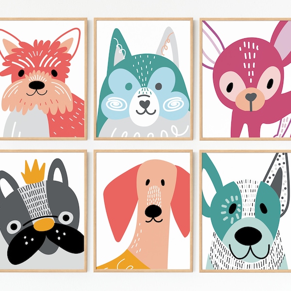 Printable Dog Prints, Set of 6, Kids Room Poster, Dogs, Kids Room Decor, Dog Print, Digital Print, Kids Room, Dog Art, Gifts for Kids, Dog