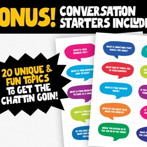 Puede incluir: Un conjunto de 20 tarjetas de inicio de conversaci&oacute;n con burbujas de di&aacute;logo coloridas. Cada tarjeta presenta una pregunta diferente para iniciar una conversaci&oacute;n. Las tarjetas est&aacute;n impresas en cartulina blanca y tienen un borde negro.