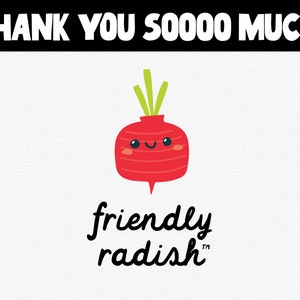 Puede incluir: Un r&aacute;bano rojo con una cara sonriente y hojas verdes. El texto "friendly radish" est&aacute; escrito debajo del r&aacute;bano.