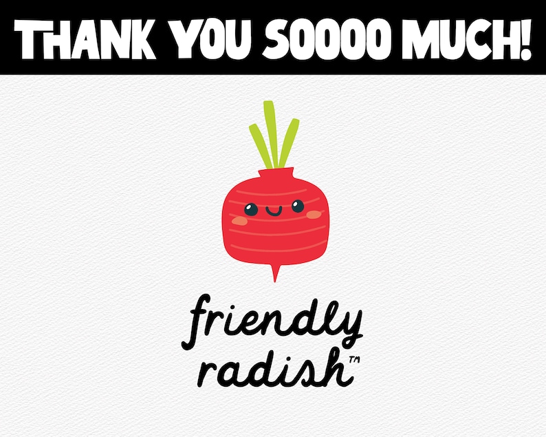 Puede incluir: Un r&aacute;bano rojo con una cara sonriente y hojas verdes. El texto "friendly radish" est&aacute; escrito debajo del r&aacute;bano.