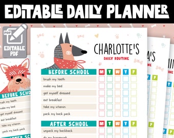 May include: Editable daily planner with a colorful checklist for kids. The planner features a dog illustration and the text "Charlotte's Daily Routine".