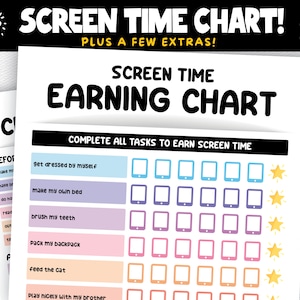 May include: A printable chart for children to earn screen time by completing tasks. The chart has a colourful design with a phone icon for each task. The tasks include getting dressed, making their bed, brushing their teeth, packing their backpack, feeding the cat, and playing nicely with their sibling.