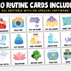 Puede incluir: Un conjunto de 220 tarjetas de rutina coloridas con ilustraciones y texto. Las tarjetas son editables y se pueden usar para ayudar a los ni&ntilde;os a aprender sobre las rutinas diarias. Las tarjetas incluyen actividades como empacar una mochila, tomar un ba&ntilde;o, cepillarse los dientes y m&aacute;s.