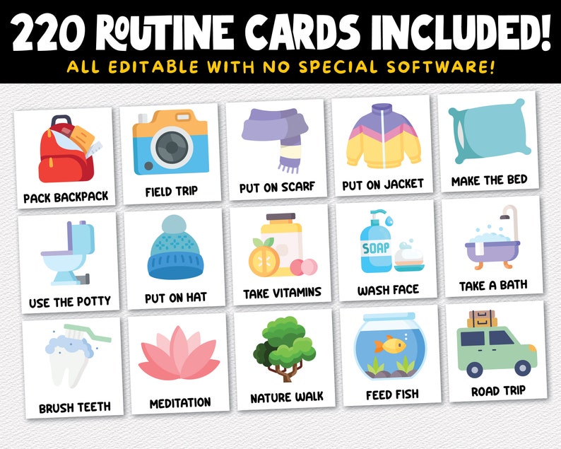 Puede incluir: Un conjunto de 220 tarjetas de rutina coloridas con ilustraciones y texto. Las tarjetas son editables y se pueden usar para ayudar a los ni&ntilde;os a aprender sobre las rutinas diarias. Las tarjetas incluyen actividades como empacar una mochila, tomar un ba&ntilde;o, cepillarse los dientes y m&aacute;s.