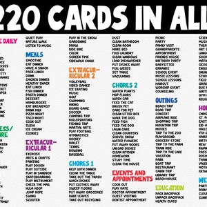 Puede incluir: Un gr&aacute;fico colorido con el texto "&iexcl;220 Cartas en Total!" enumera 220 actividades, tareas, eventos y salidas diferentes para ni&ntilde;os. El gr&aacute;fico est&aacute; dividido en categor&iacute;as como "En el d&iacute;a a d&iacute;a", "Comidas", "Bienestar/Cuidado personal", "Extracurricular 1", "Extracurricular 2", "Tareas dom&eacute;sticas 1", "Tareas dom&eacute;sticas 2", "Eventos y citas", "Salidas", "Vacaciones", "Educaci&oacute;n", "Clima".