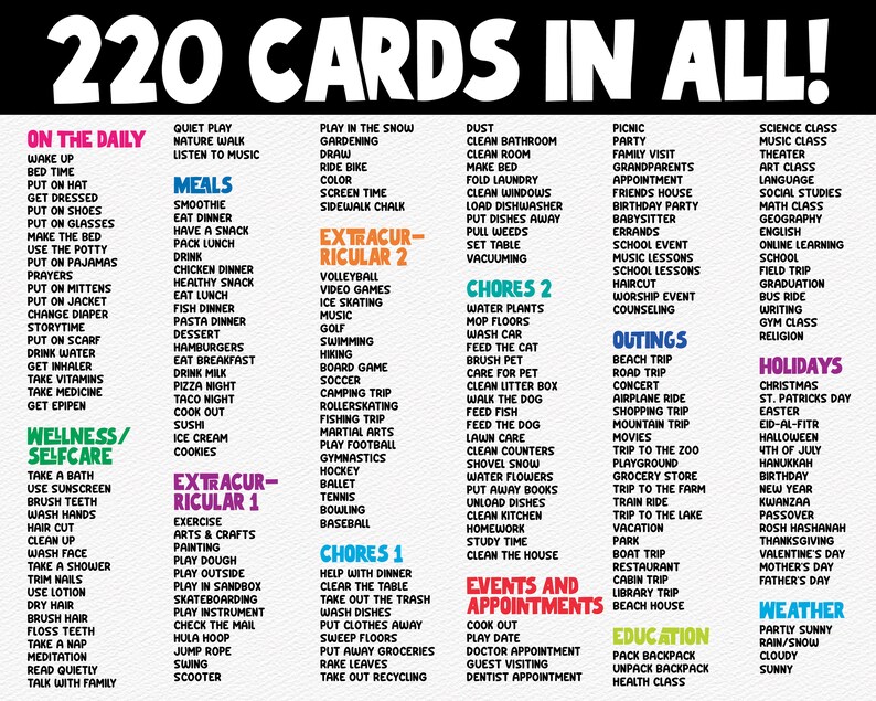 Puede incluir: Un gr&aacute;fico colorido con el texto "&iexcl;220 Cartas en Total!" enumera 220 actividades, tareas, eventos y salidas diferentes para ni&ntilde;os. El gr&aacute;fico est&aacute; dividido en categor&iacute;as como "En el d&iacute;a a d&iacute;a", "Comidas", "Bienestar/Cuidado personal", "Extracurricular 1", "Extracurricular 2", "Tareas dom&eacute;sticas 1", "Tareas dom&eacute;sticas 2", "Eventos y citas", "Salidas", "Vacaciones", "Educaci&oacute;n", "Clima".