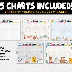 Puede incluir: Cinco tablas de planificaci&oacute;n semanal imprimibles con diferentes temas. Los temas incluyen simple, bosque boho, robots, animales y dinosaurios. Cada tabla tiene una cuadr&iacute;cula con espacio para escribir y una ilustraci&oacute;n colorida en la parte superior.
