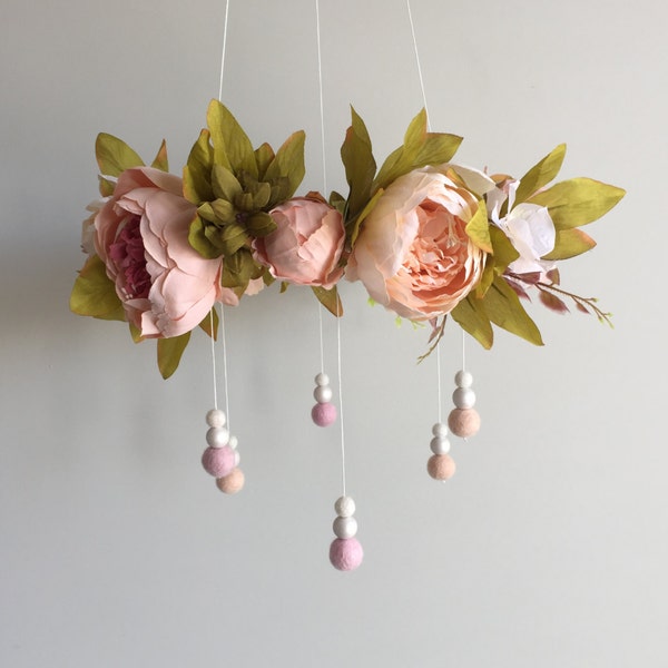 Floral/Felt Ball Pink Peony Baby Mobile