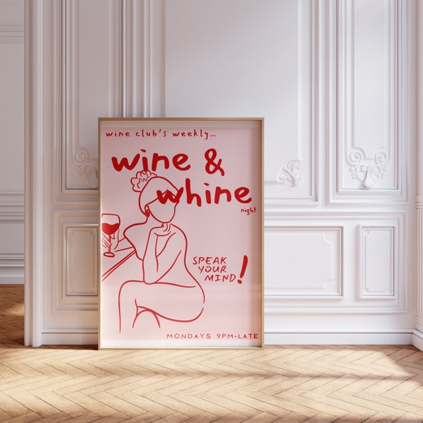 Wine & Whine Digital Print Aesthetic Kitchen Poster, Vintage, Food Wine, Retro Food Art, Mid Century Modern Modern Kitchen Wall Art Pink Red