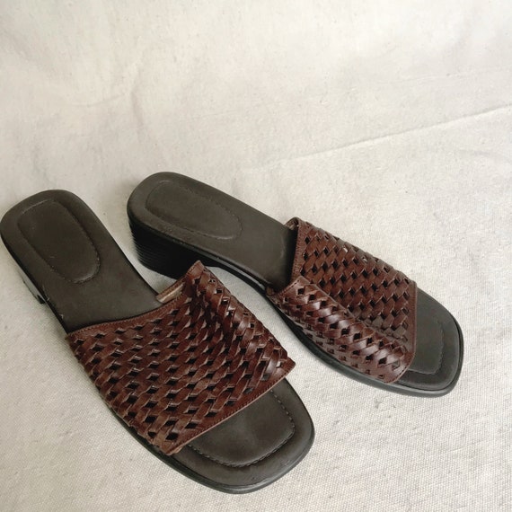 Brown leather slides with kitten heel