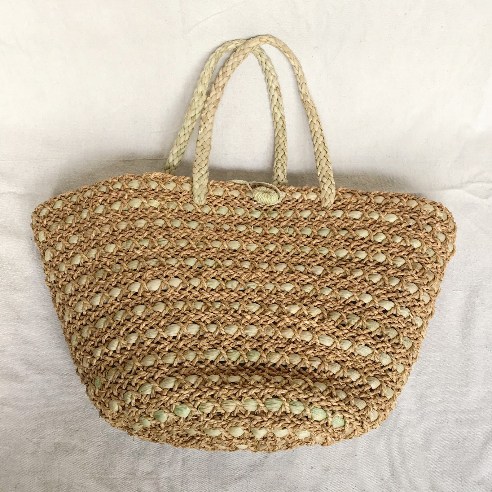 Woven Straw Beach Bag Tote Bag in Light Tan and Sage Green Market Bag