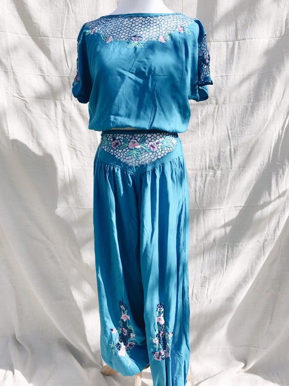 Embroidered bohemian blue gypsy two piece harem pa