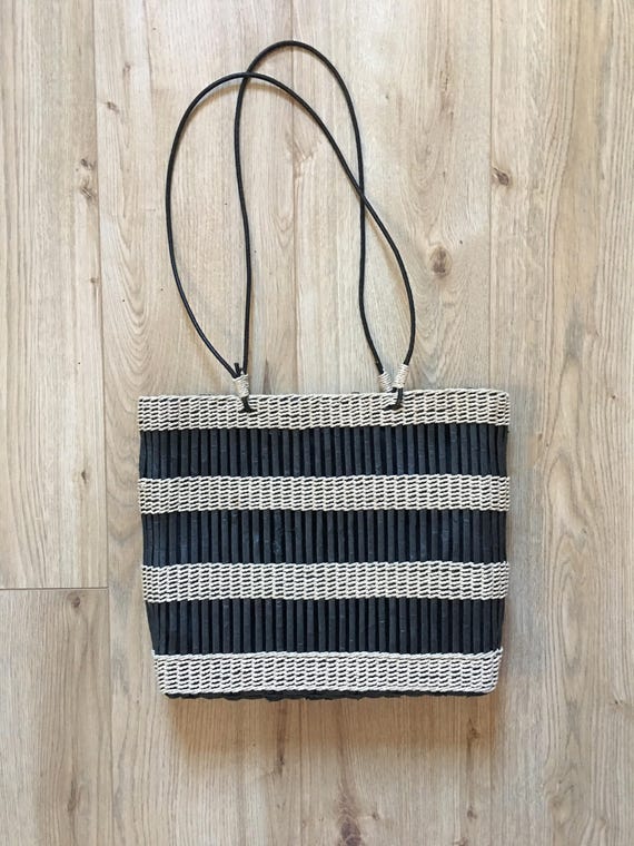 Woven grass and paper market bag - Black and Tan … - image 1