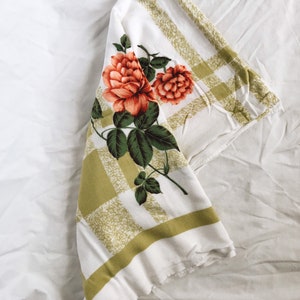 Spring Picnic Roses table cloth square picnic blanket or wall hanging- pink red and olive green