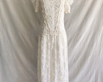 BLANCHE - floral lace pearl and rhinestone ivory white drop waist dress wedding dress