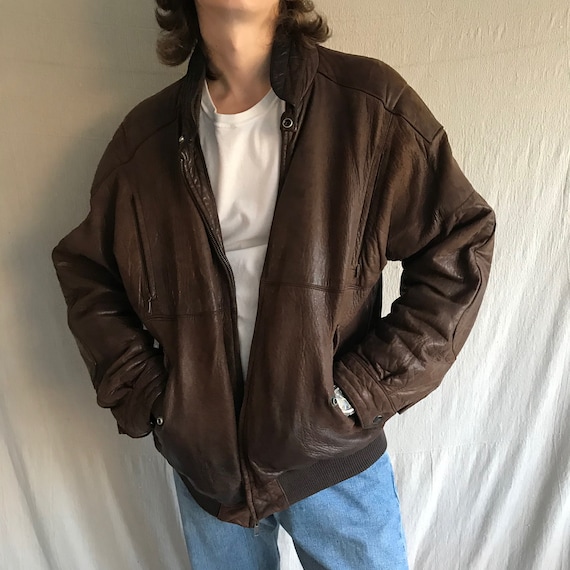 80s genuine leather brown bomber jacket
