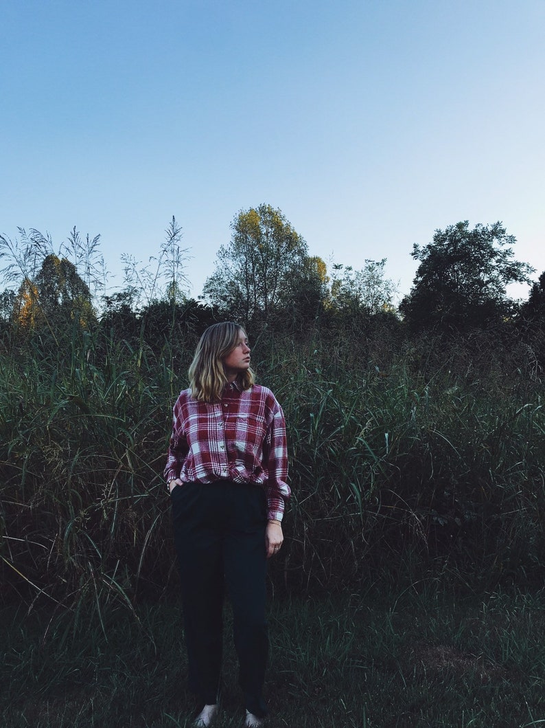 Autumn Plaid \u2022 silk burgundy and cream plaid pure raw silk button up flannel blouse