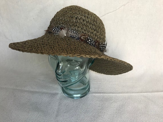 Vintage paper sun hat with feather detail - brown… - image 4