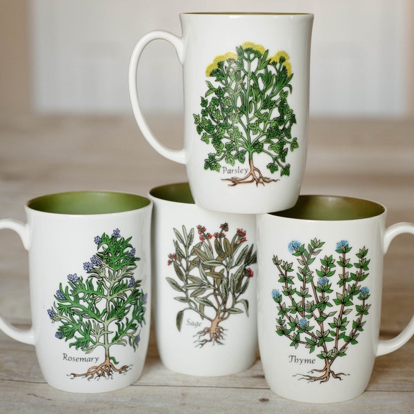Vintage Spice Coffee or Tea Cup Mugs - Set of 4 Four - Neiman Marcus Fitz and Floyd Parsley Thyme Rosemary and Sage Green and White Cups