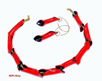 Kette wunderschöne kurze Halskette rot schwarz gold Ohrringe Set KLEINEHEXE Handarbeit Unikat aus Polymer Clay, Fimo