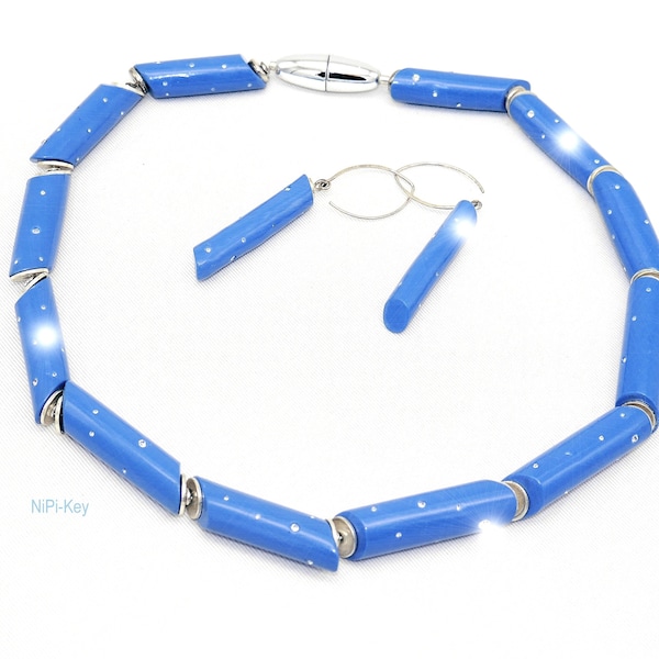 Kette unglaublich glitzernde kurze Halskette Ohrringe Set unzählige Swarovski Steinchen blau silber BLUESHININGEYES aus Polymer Clay, Fimo,