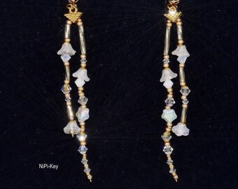 Glittering long earrings with Swarovski pearls white gold hanging earrings handmade unique GOLDENEARRING