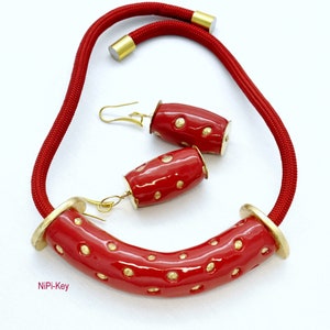 Halskette tolle kurze Collierkette Ohrringe rot gold glänzend Handarbeit Unikat GOODTIMES aus Polymer Clay, Fimo. Bild 1