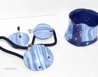 Halskette kurz Ohrstecker Set schimmernd blau silber Handarbeit Unikat Polymer Clay, ohne Armreif!!