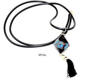Chain long necklace with pendant black colorful handmade unique SILK TASSEL made of polymer clay, polymer clay