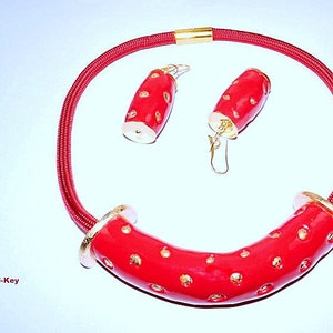 Halskette tolle kurze Collierkette Ohrringe rot gold glänzend Handarbeit Unikat GOODTIMES aus Polymer Clay, Fimo. Bild 4