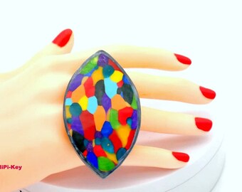 Ring großer bunter Statementring flexible Ringschiene schön bunt aus Polymer Clay MUCHCOLOUR