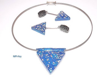 Kette funkelnde kurze Halskette Choker Ohrclips blau silber Set Handarbeit Unikat NACHTSCHICHT aus Polymer Clay, Fimo.