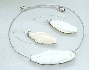 Kette edle kurze Halskette weiß silber creme Choker Halsreif Ohrringe Swarovski Steinchen Handarbeit Unikat SCHNEEWEIßCHEN  aus Polymer Clay