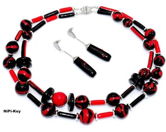 Halskette zweireihig leuchtend rot schwarz silber kurz Ohrstecker Handarbeit Unikat schimmernd TEUFELCHEN aus Polymer Clay