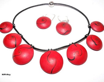 Kette opulente kurze Collierkette tomatenrot schwarz silber schimmernd Ohrringe Unikat Handarbeit WOMAN aus Polymer Clay, Fimo