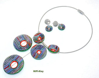 Halskette kurz Choker Ohrstecker Set bunt silber Handarbeit Unikat BUNTEKREISE aus Polymer Clay, extravagantes Set