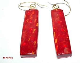 Lange Ohrringe leicht orange rot gold Swarovskisteinchen  GOODLOOKINEAR aus Polymer Clay, Fimo